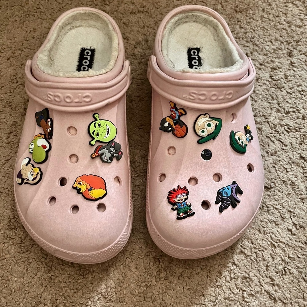 Pink Lined Crocs With Jibbitz